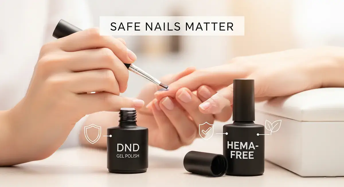 Close-up of DND Gel Polish bottle with label visible, exploring HEMA content and comparing HEMA Free Gel Polish options.