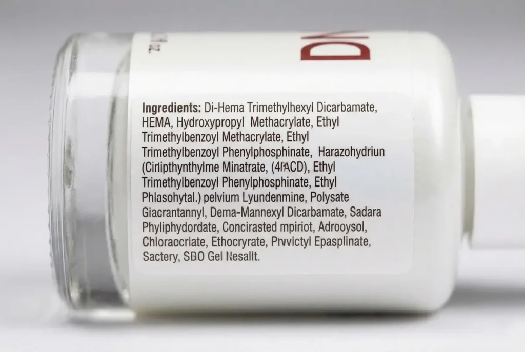 High-resolution photo of DND gel polish bottle back showing ingredients list, curing details, base and top coat info.