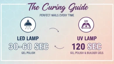 Infographic showing how long to cure DND gel polish with LED and UV lamps, including base and top coat gel details.