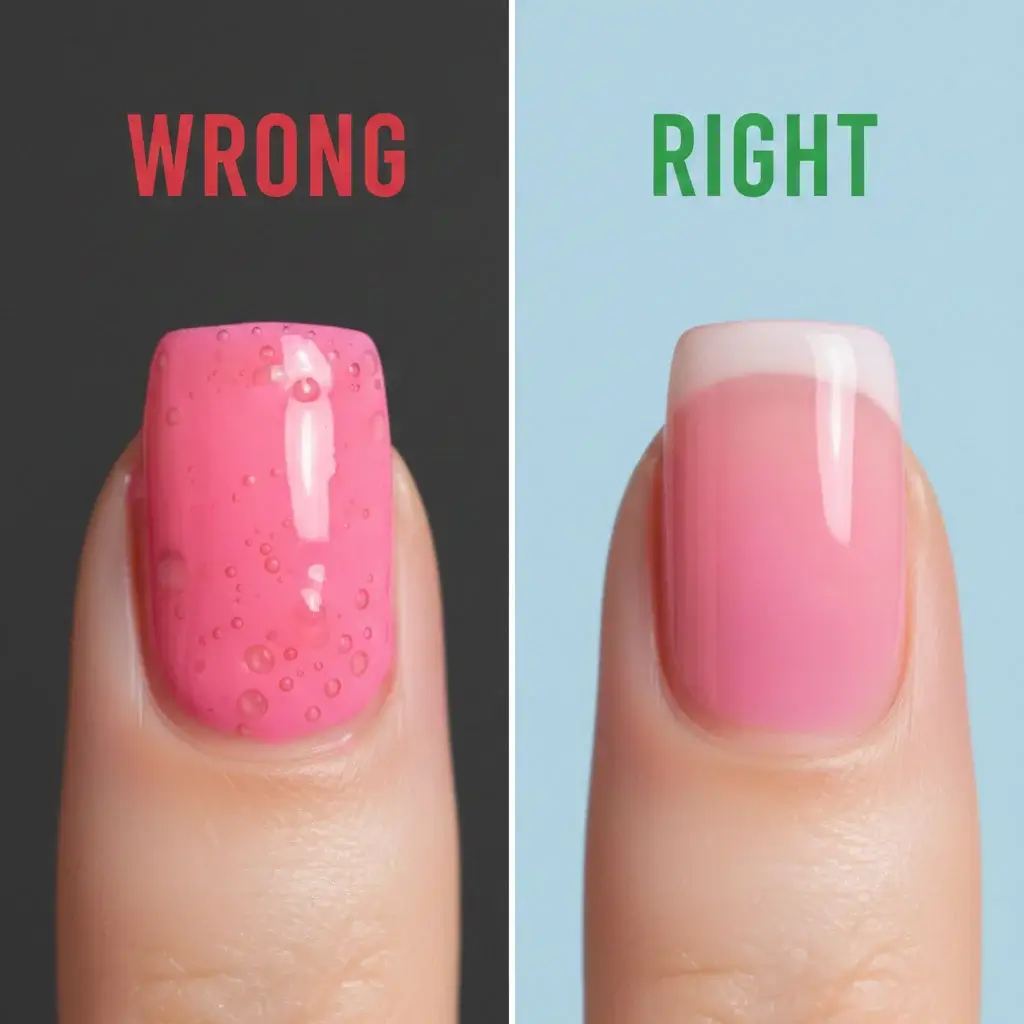 Side-by-side image showing how long to cure DND gel polish: wrong thick bubbly coat vs right thin translucent first coat at home.