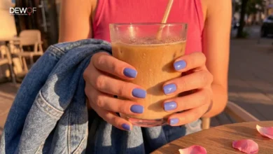 Woman wearing glossy periwinkle nail polish holding an iced coffee in golden hour sunlight.
