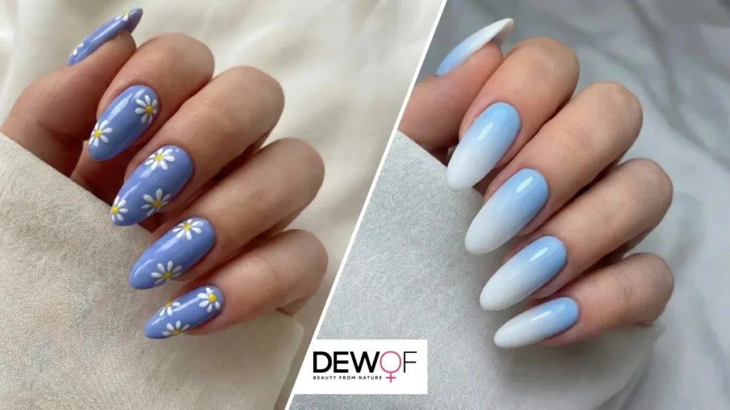 Cute periwinkle nail polish with daisy flowers and ocean ombré fade, featuring gel, OPI, DND colors and designs.