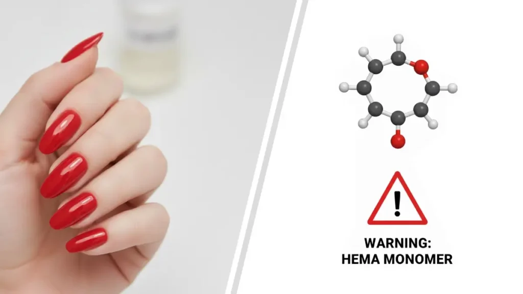 Split image showing what is HEMA in nail polish gel manicure vs HEMA chemical molecular structure with warning sign