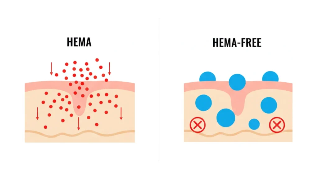 Infographic showing what is HEMA in nail polish vs HEMA free gel polish, skin barrier with red dots and blue circles