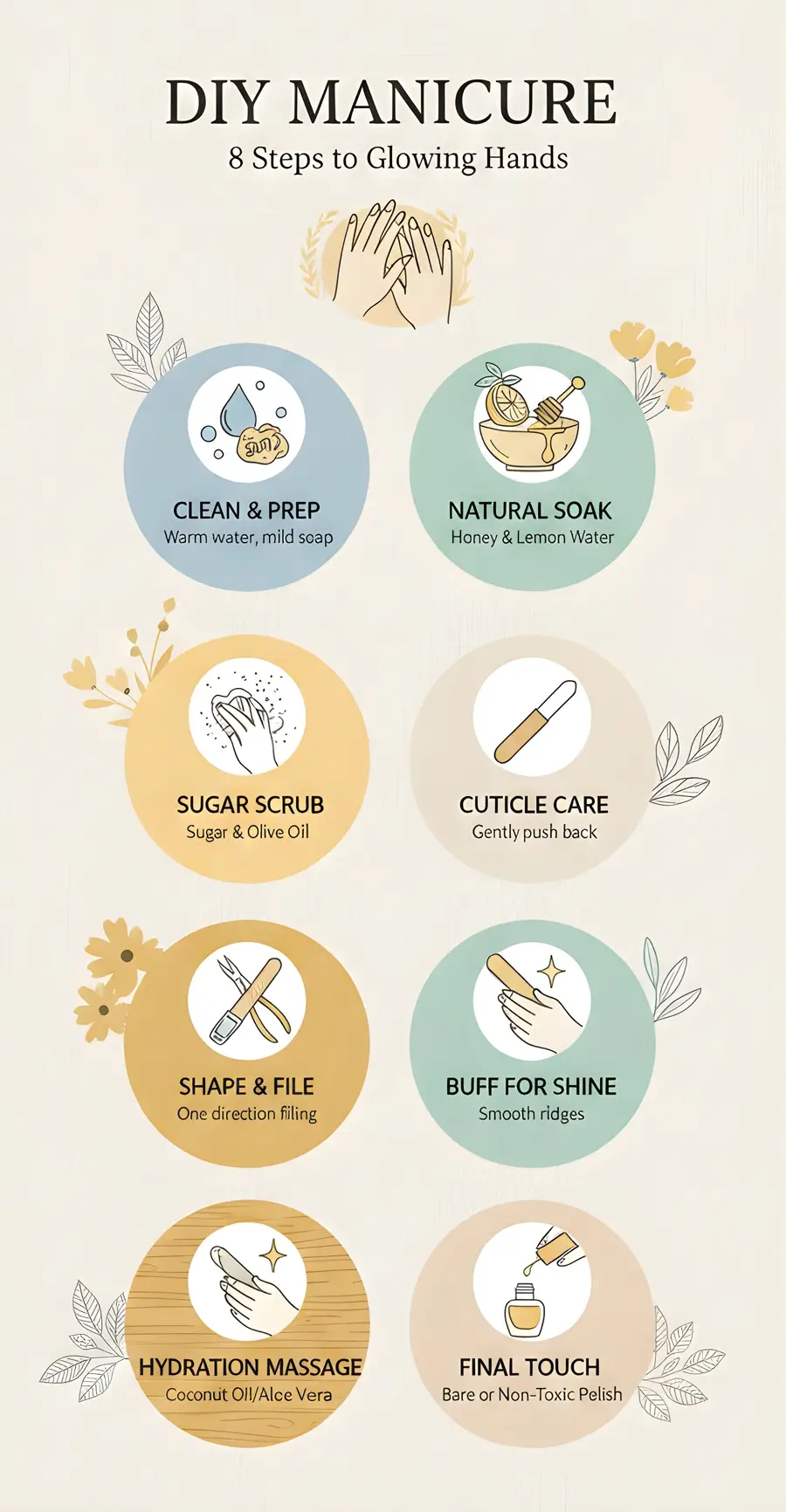 Infographic showing how to do a manicure at home with home ingredients featuring a 7-day natural nail care routine and tips.