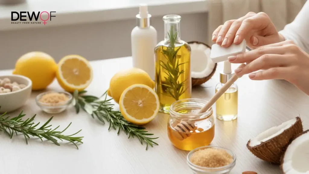 Natural beauty setup showing how to do a manicure at home with home ingredients like honey, lemon, and oils for healthy nails.