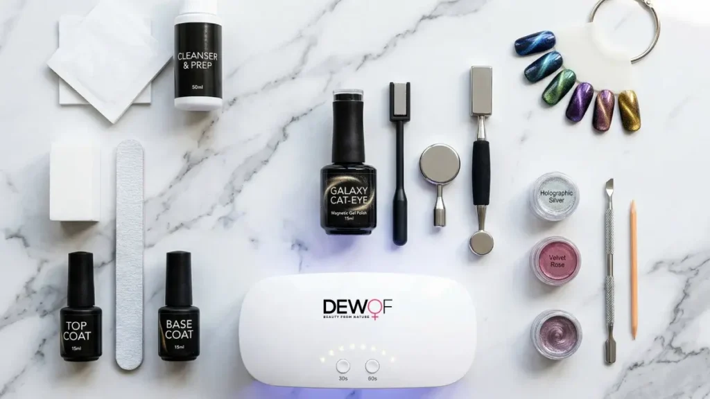 Best Magnetic Gel Polish Designs: From Cat-Eye to Velvet Nails 1 A top-down view of a professional nail kit featuring the best magnetic gel polish designs tools on a marble surface.