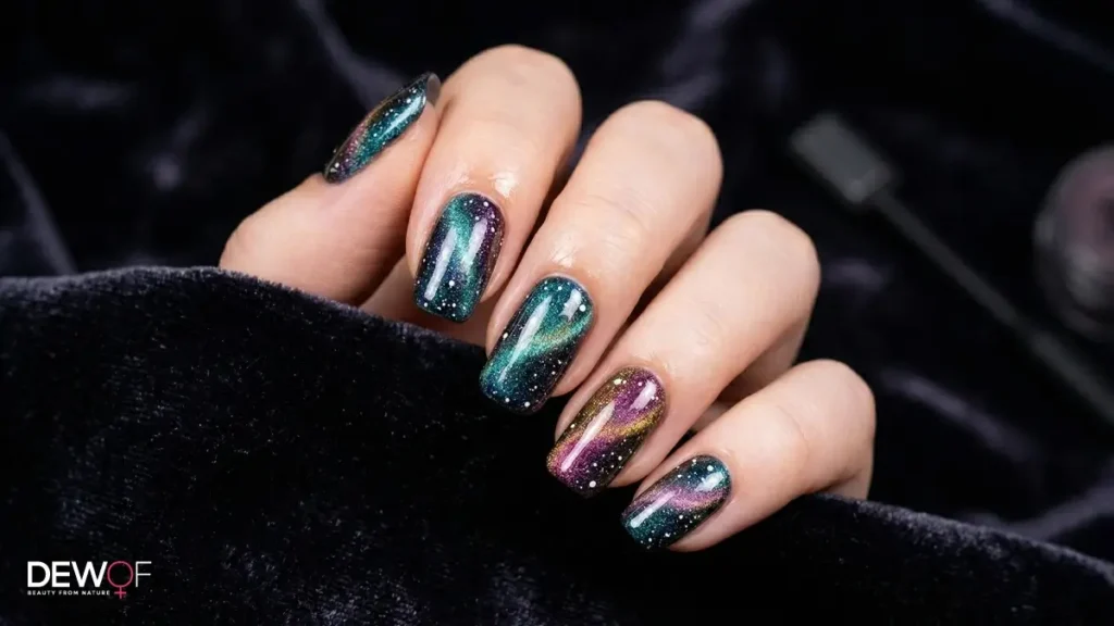 Best Magnetic Gel Polish Designs: From Cat-Eye to Velvet Nails 2 Stunning colorful nail samples showing the potential of the best magnetic gel polish designs using diverse tools.