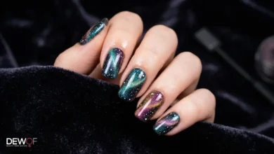 Best Magnetic Gel Polish Designs: From Cat-Eye to Velvet Nails 5 Stunning colorful nail samples showing the potential of the best magnetic gel polish designs using diverse tools.