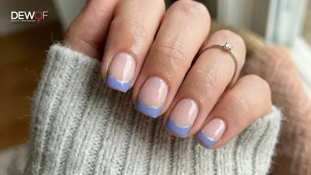 Periwinkle Nails French Tip Short with Glitter Acrylic 1 Short periwinkle nails french tip short with glitter acrylic and simple designs for a trendy, elegant, and soft aesthetic.