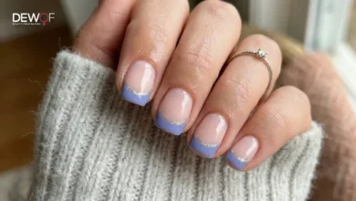 Periwinkle Nails French Tip Short with Glitter Acrylic 4 Short periwinkle nails french tip short with glitter acrylic and simple designs for a trendy, elegant, and soft aesthetic.